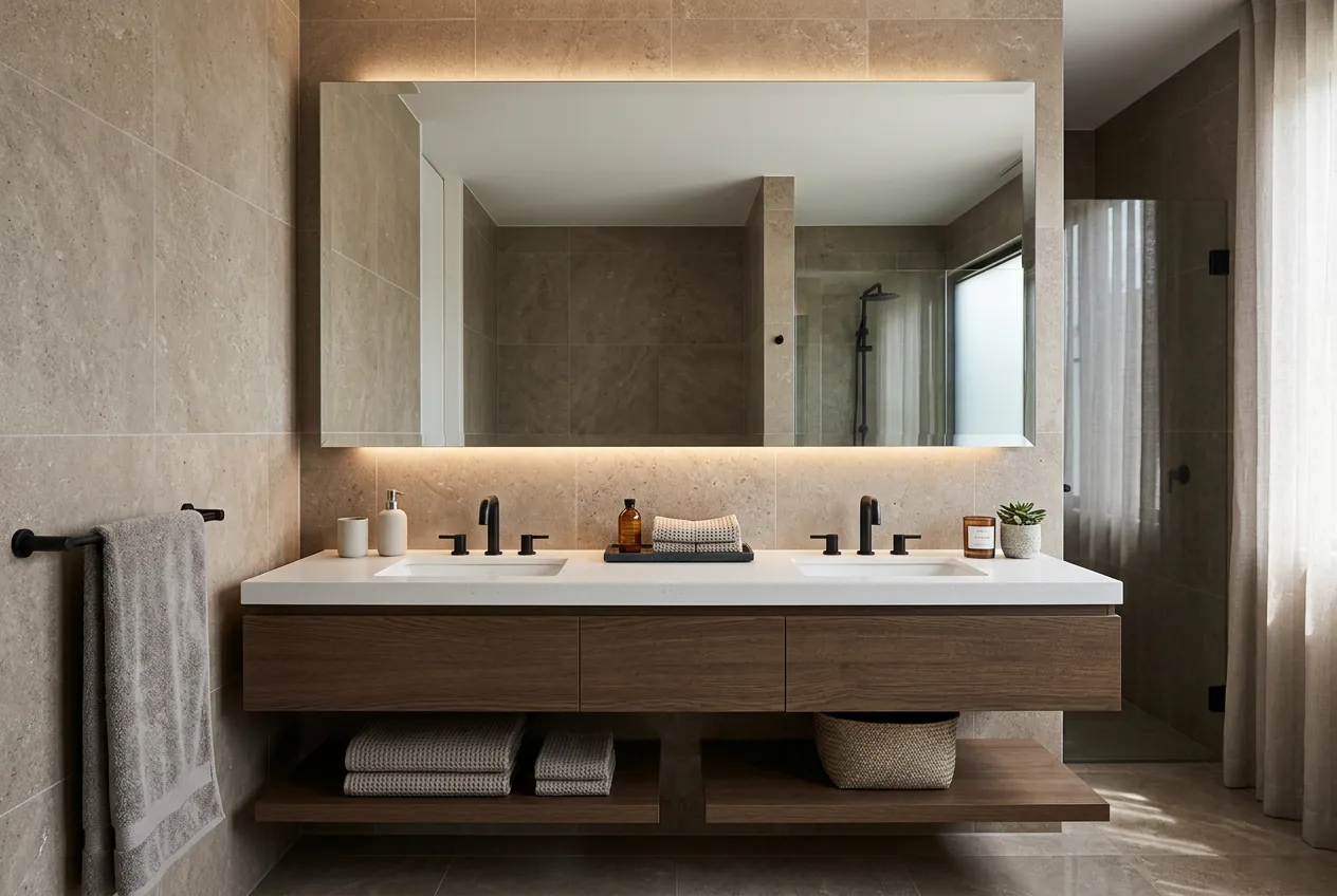 Large custom frameless mirror above a floating double vanity in a Vancouver bathroom