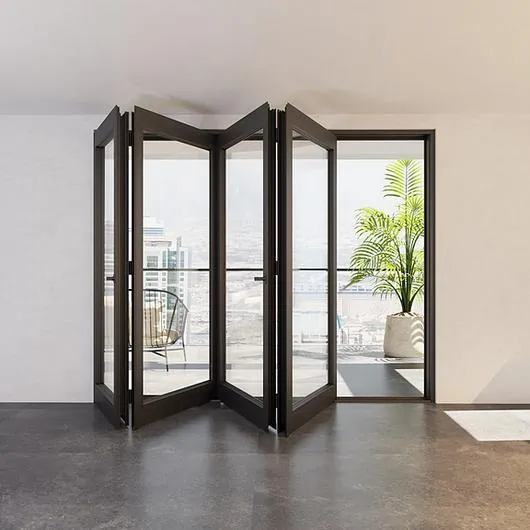 Black-framed folding glass doors opening to a patio