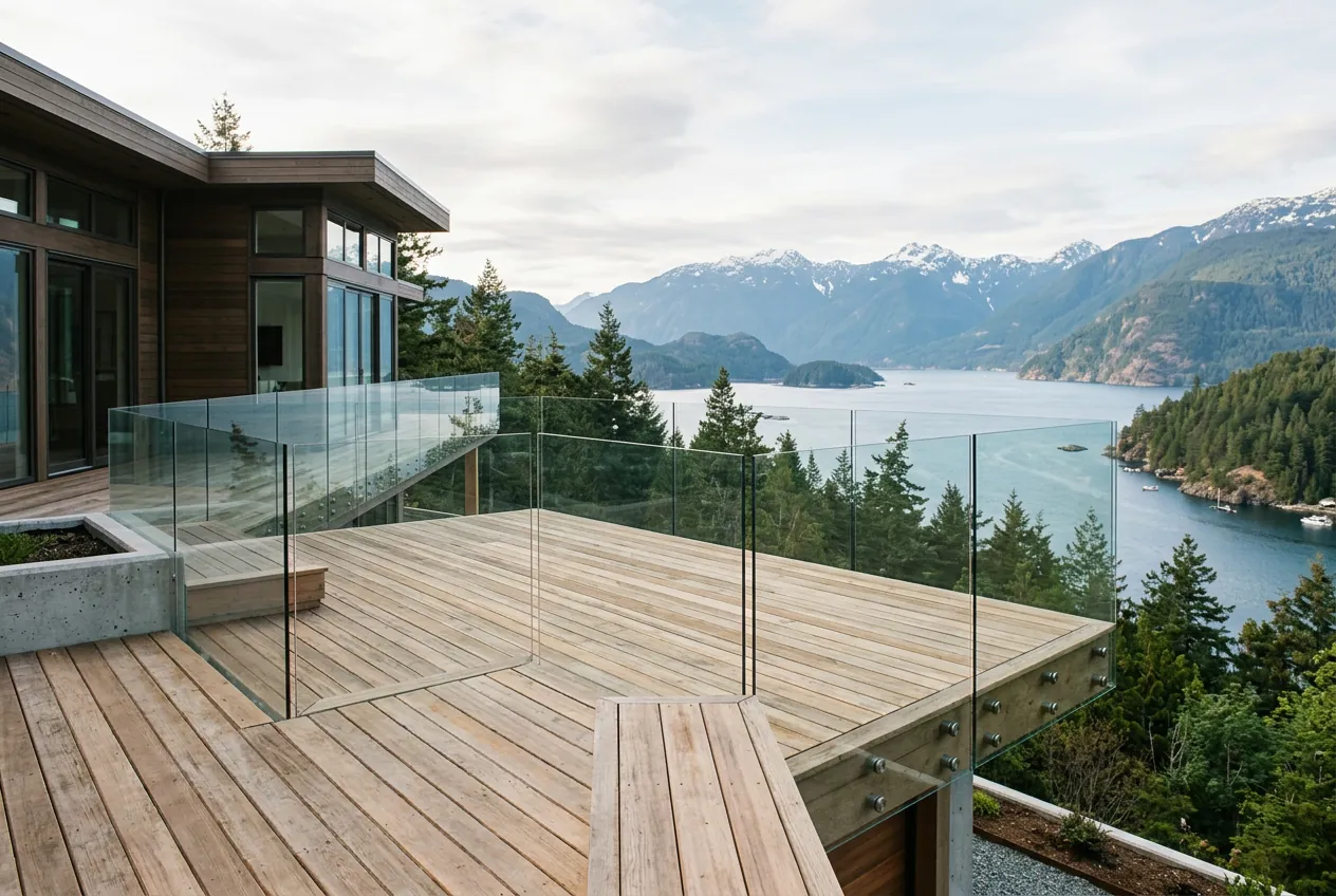 Frameless glass railing on a cedar deck overlooking the ocean in North Vancouver