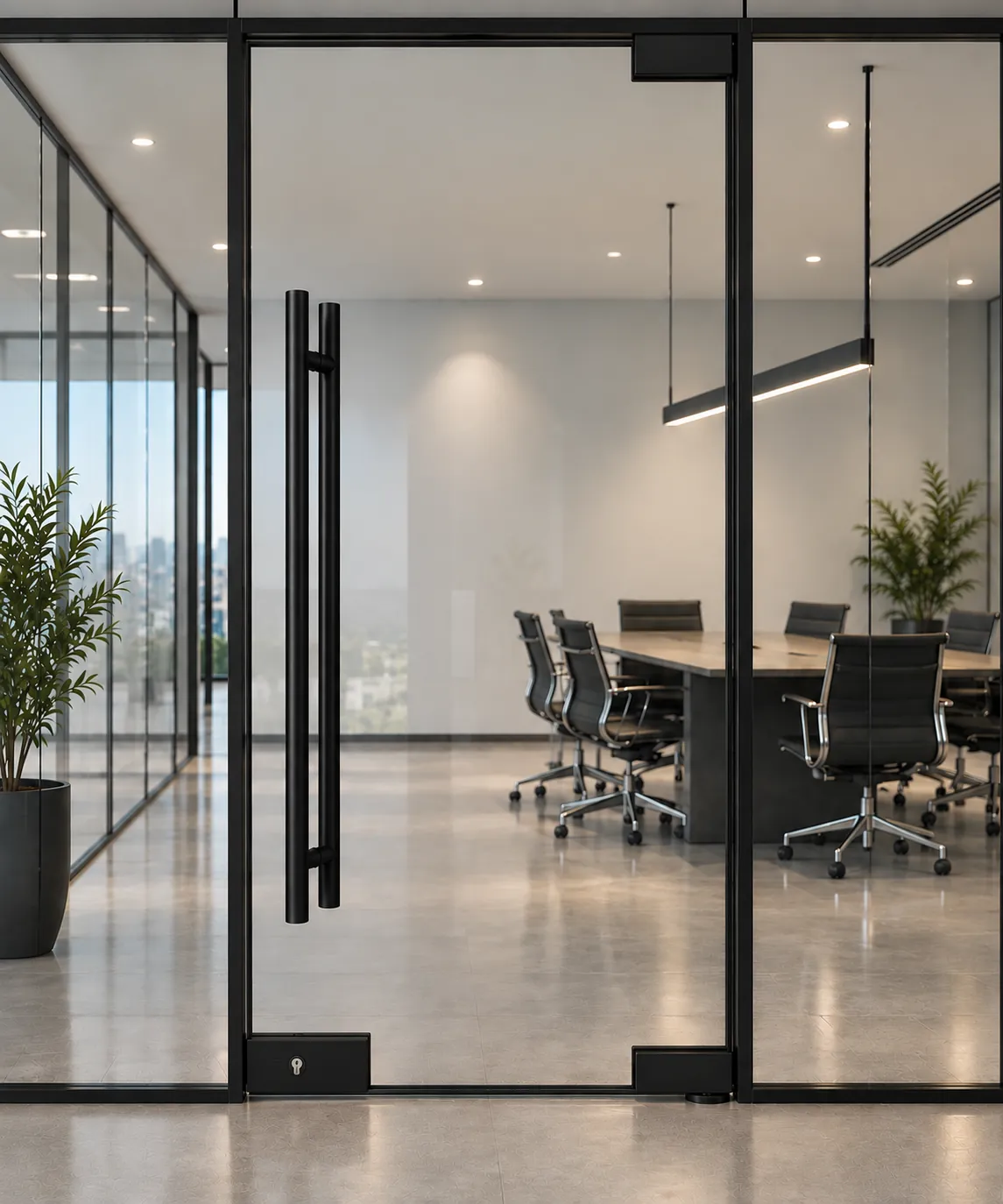 Frameless glass partition door in a bright boardroom
