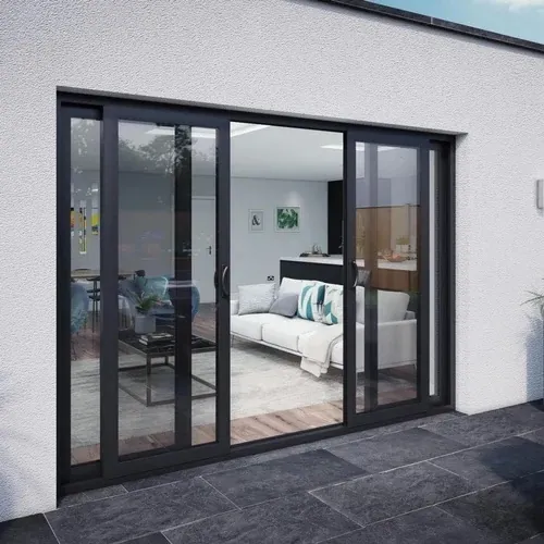 Black sliding glass patio doors in a modern bedroom